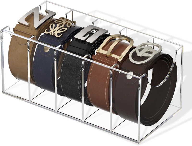 FEMELI Belt Organizer, Acrylic 5 Compartments Container Storage Holder, Clear Display Case for Closet Tie and Bow Tie - Image 1